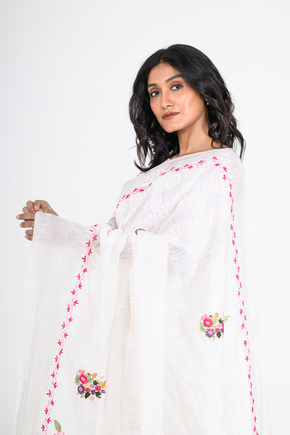 White Pure Linen Saree with Tikki & Thread Work