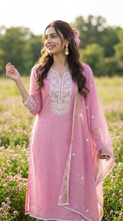 Blush Pink Resham Embroidery Mul Mul Suit Set