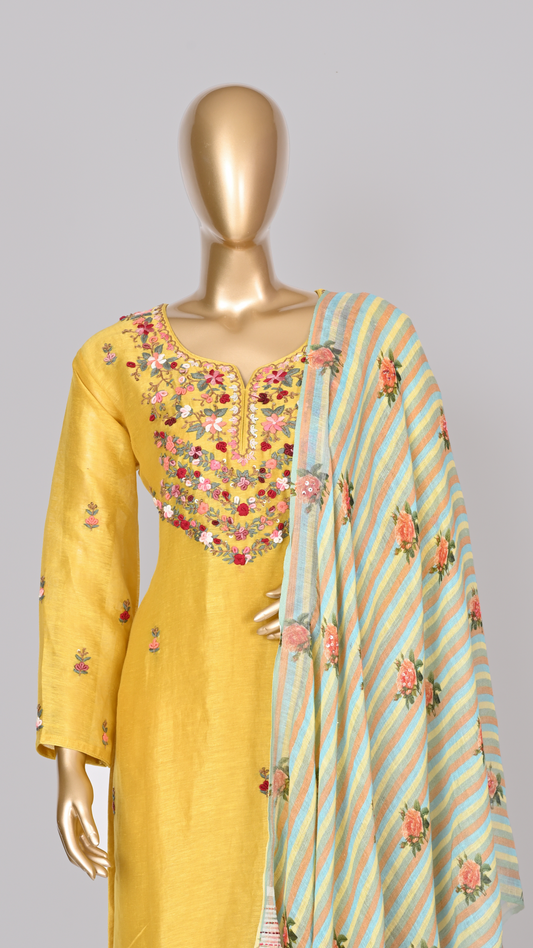 Maya Mango Yellow Contrasting Dupatta Suit Set with Floral Embroidery