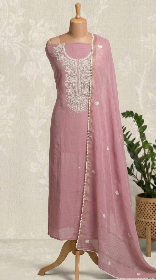 Blush Pink Resham Embroidery Mul Mul Unstitched Suit Set