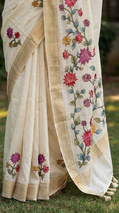 Ivory Tussar Silk Saree