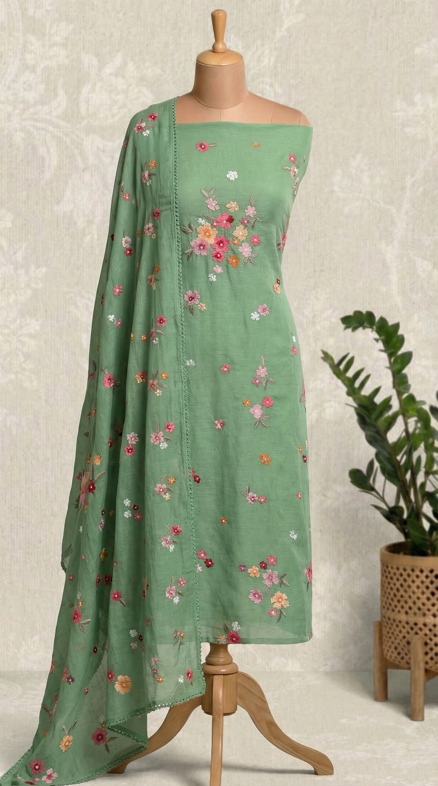 Sage Green Resham Embroidery Mul Mul Unstitched Suit Set