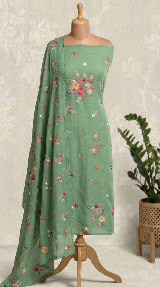 Sage Green Resham Embroidery Mul Mul Unstitched Suit Set
