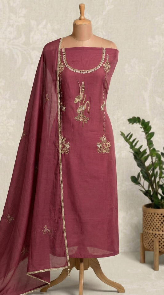 Dusty Rose Resham Embroidery Mul Mul Unstitched Suit Set
