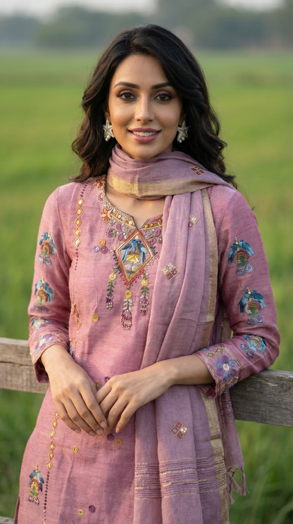 Mauve Resham Embroidery Linen Suit Set