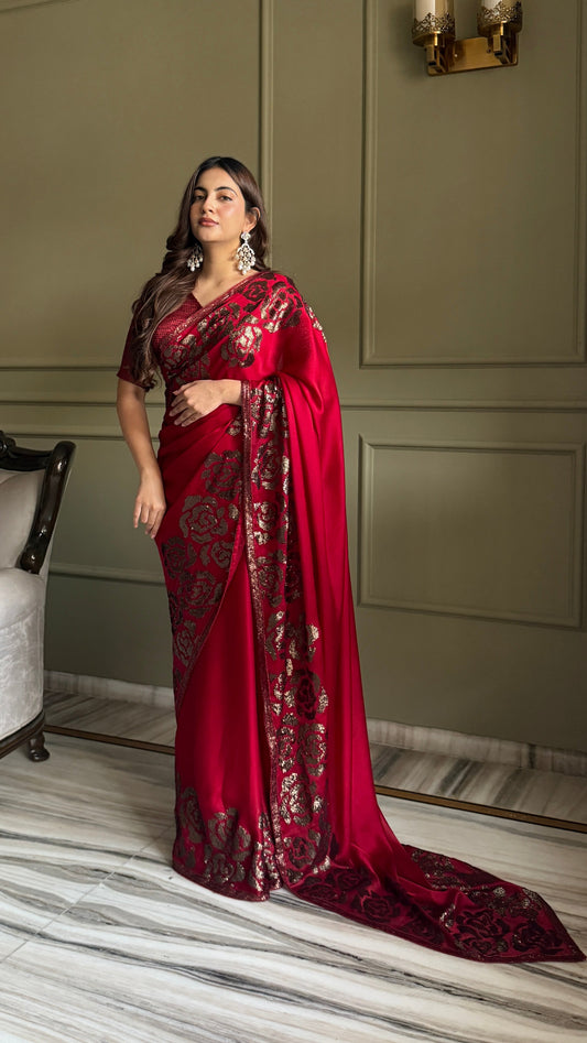 Rich Magenta Red Satin silk Saree With Blouse