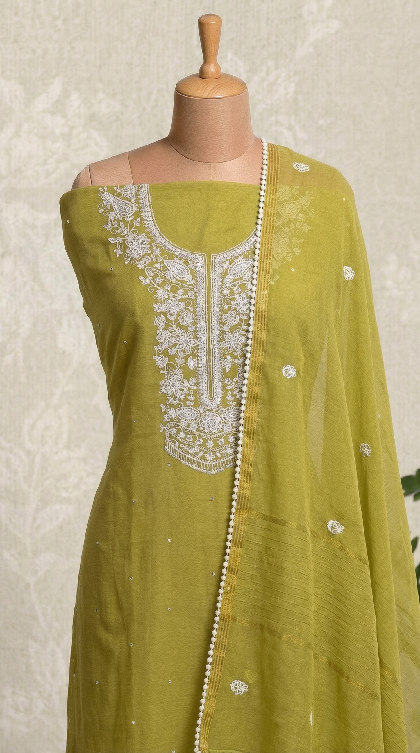 Olive Green Resham Embroidery Mul Mul Unstitched Suit Set