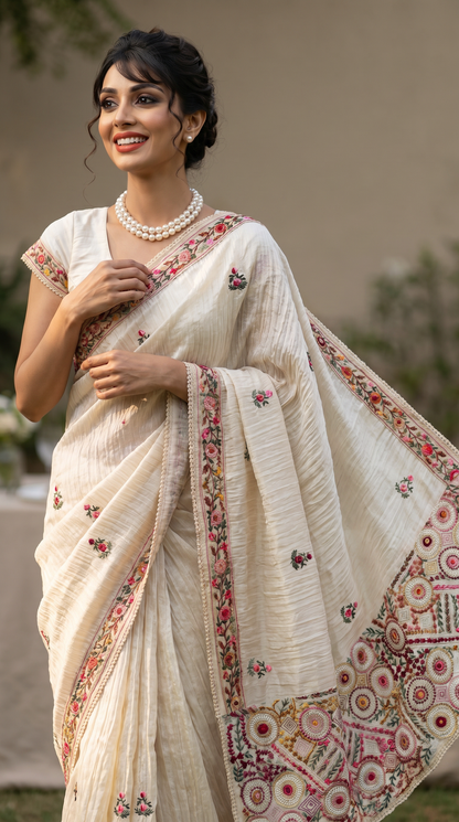 Hand embroidery Ivory Saree