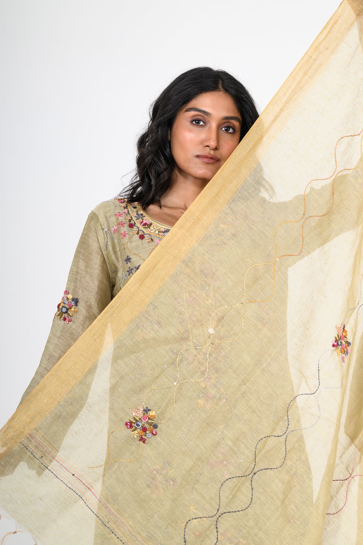 Sage Green Thread Embroidered Pure Linen Kurta Set & Dupatta