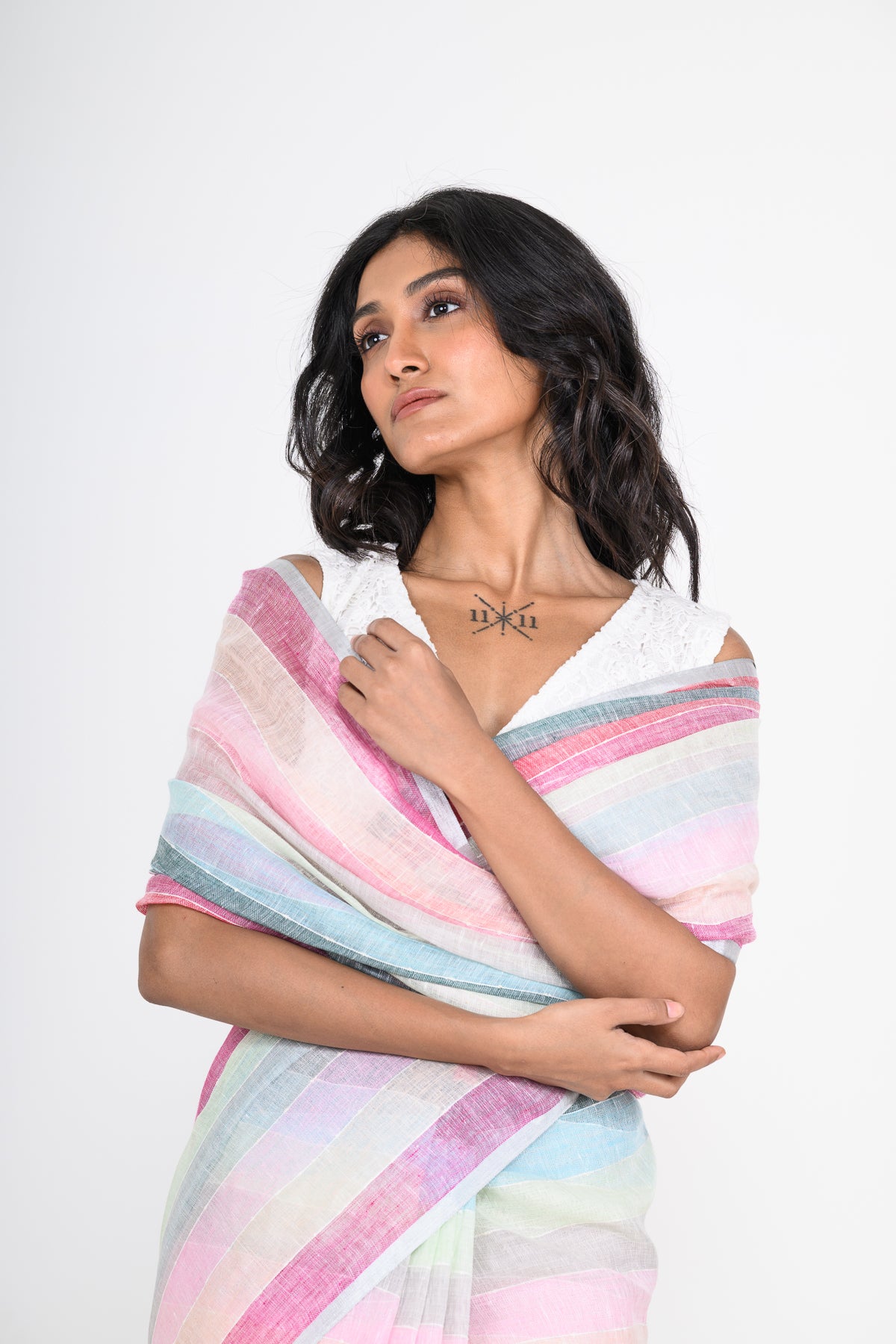 Multicolored Handwoven Striped Pure Linen Saree
