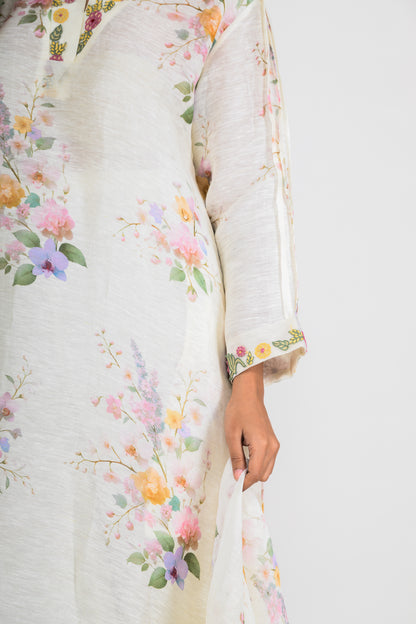 Pure Linen Printed Kurta Set with Resham & Tikki Highlights