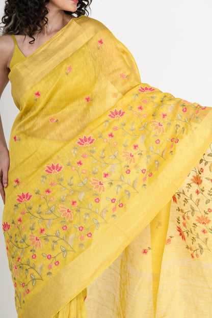 Sunshine Yellow Parsi Embroidered Pure Linen Saree