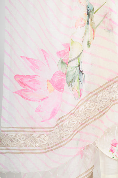 Floral Printed Pure Linen Off White Kurta Set with Dupatta