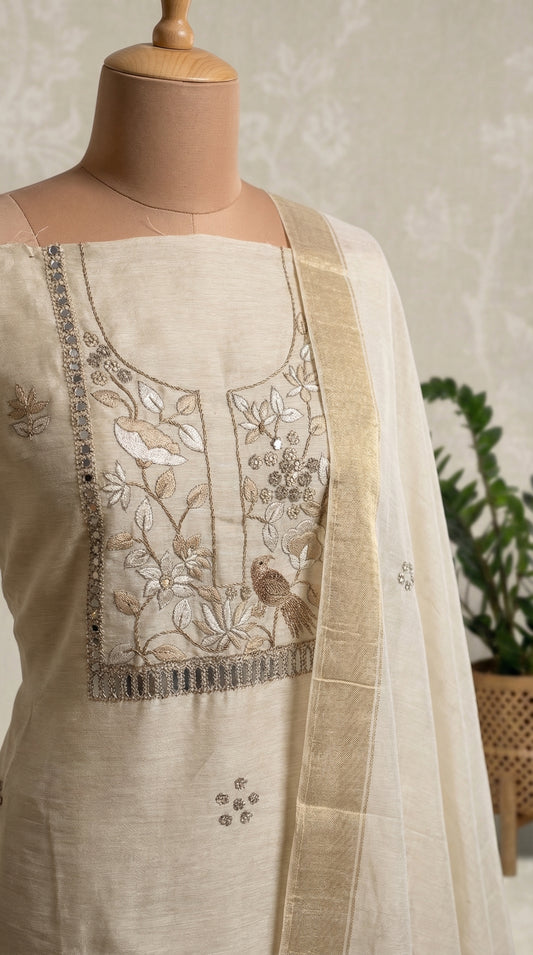 Off-White Resham Embroidery Linen Unstitched Suit Set