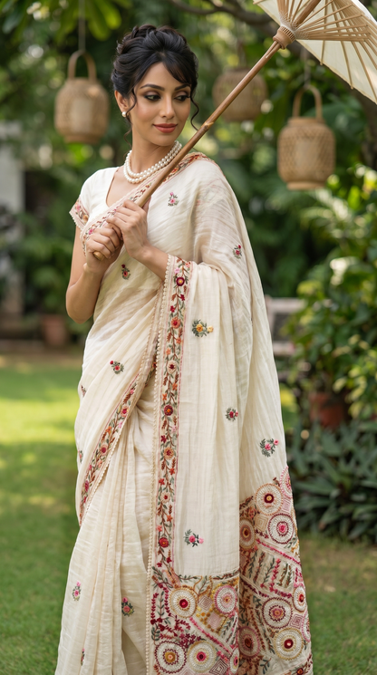 Hand embroidery Ivory Saree