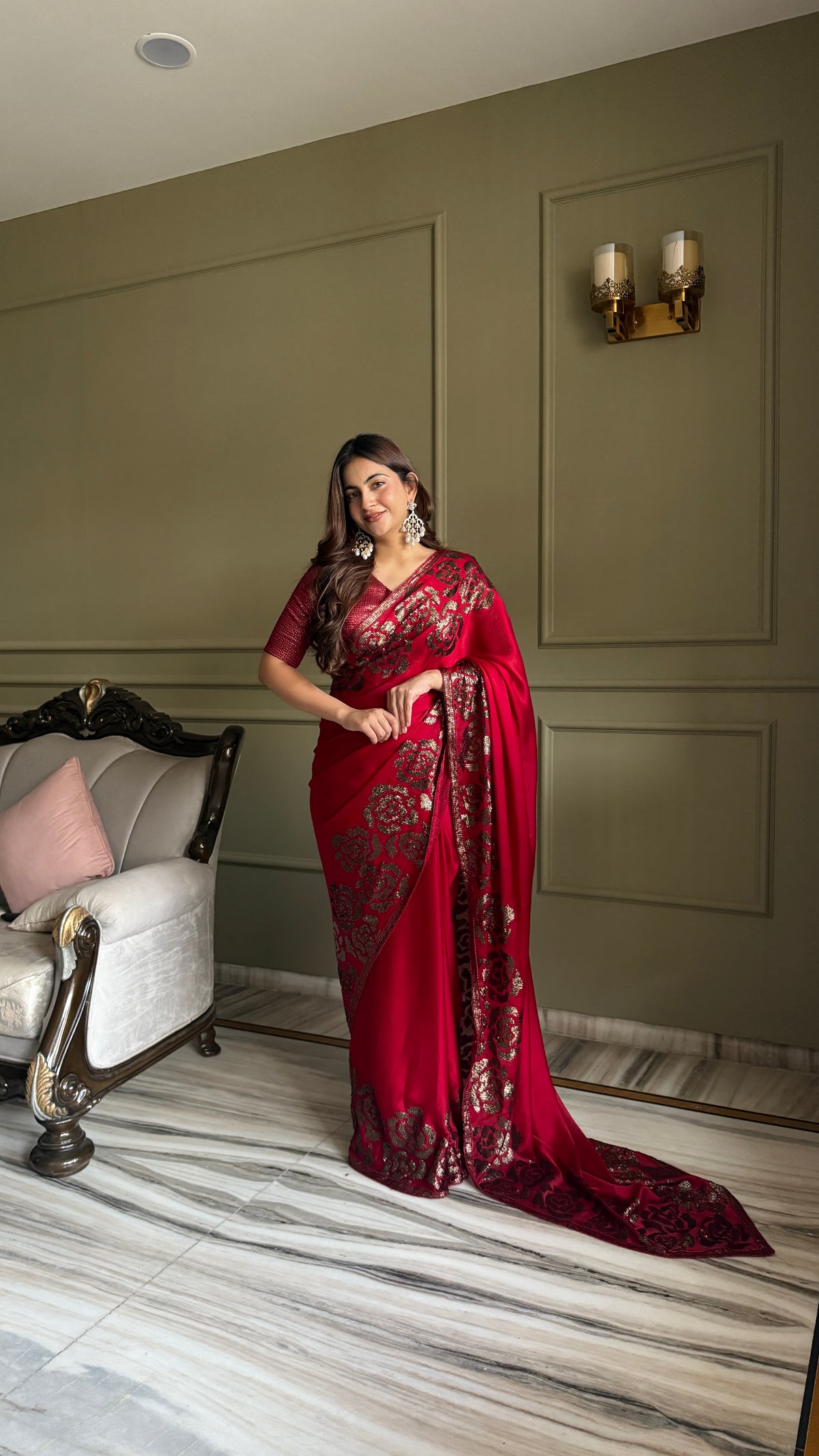Rich Magenta Red Satin silk Saree With Blouse