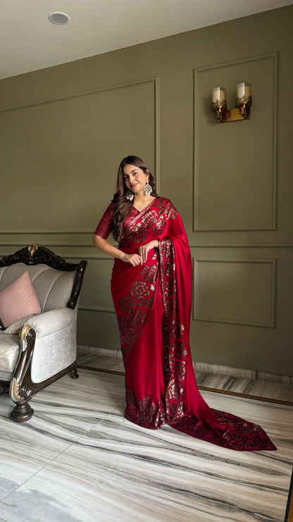Rich Magenta Red Satin silk Saree With Blouse