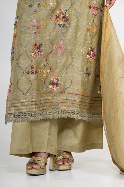 Sage Green Thread Embroidered Pure Linen Kurta Set & Dupatta