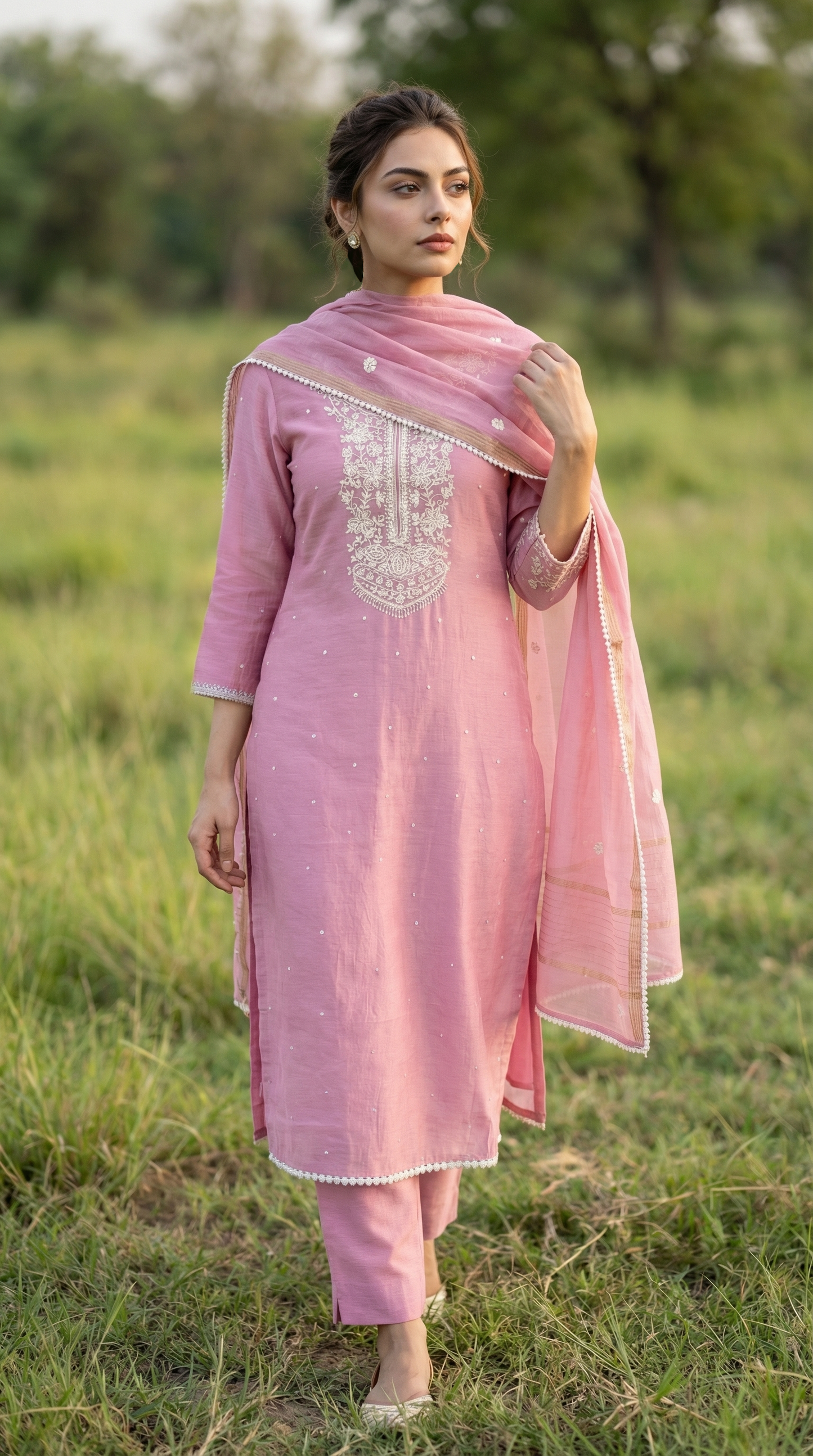 Blush Pink Resham Embroidery Mul Mul Suit Set