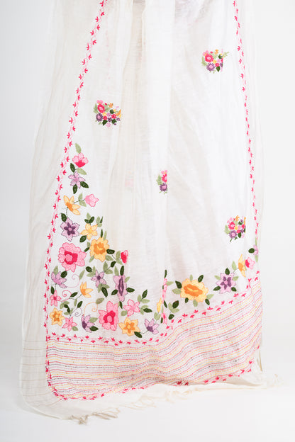 White Pure Linen Saree with Tikki & Thread Work