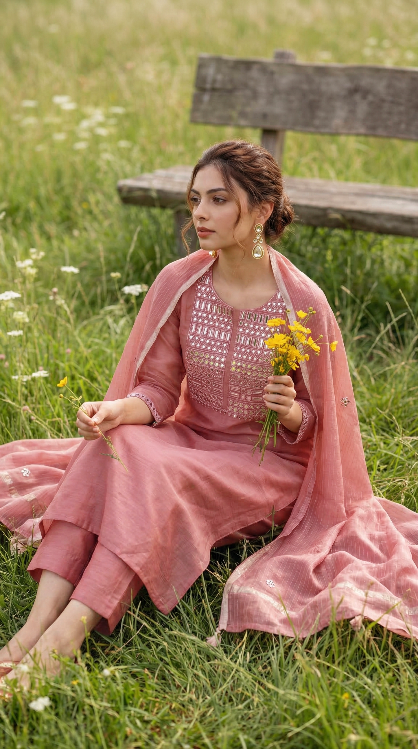 Peach Pink Mirror Work Embroidery Mul Mul Suit Set