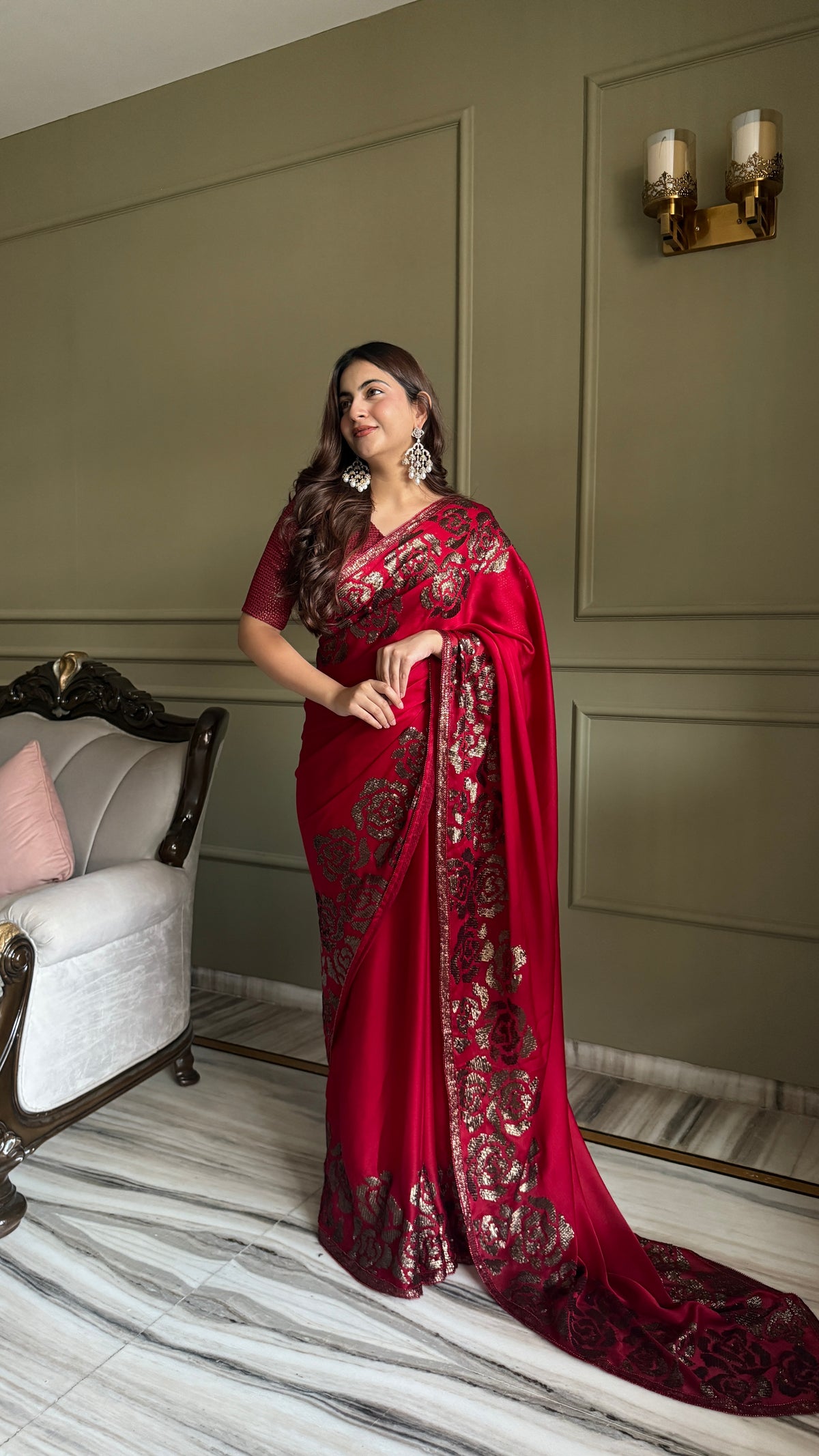 Rich Magenta Red Satin silk Saree With Blouse
