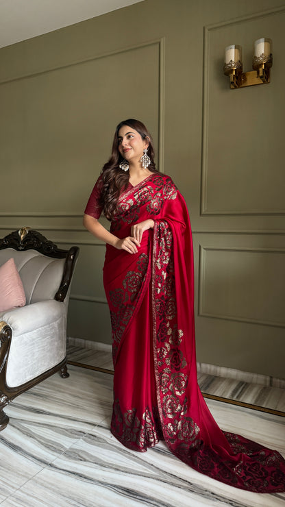 Rich Magenta Red Satin silk Saree With Blouse