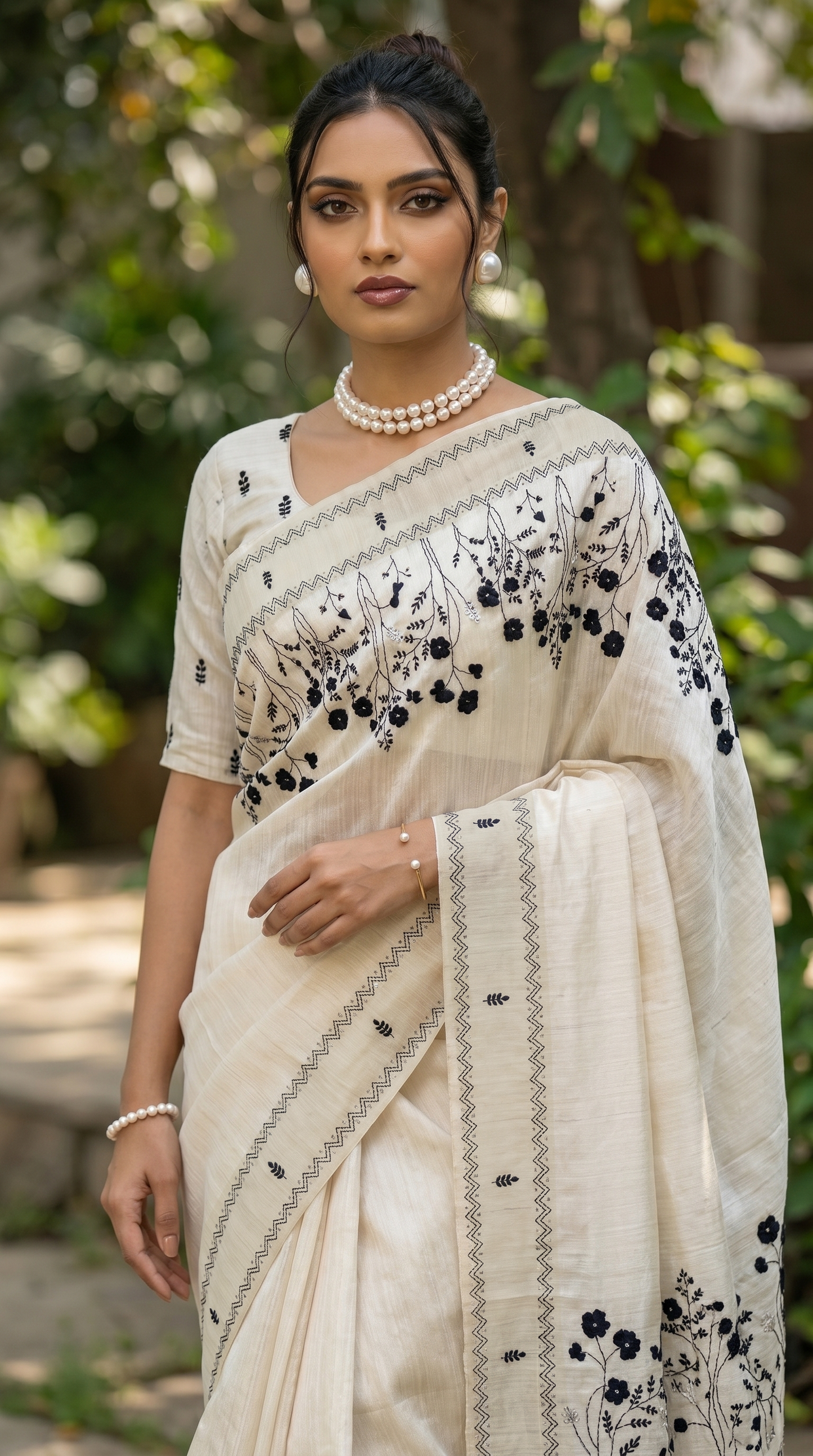 Ivory hand embroidered Tussar Silk Saree