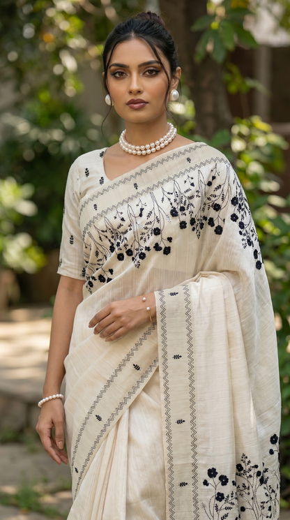 Ivory hand embroidered Tussar Silk Saree