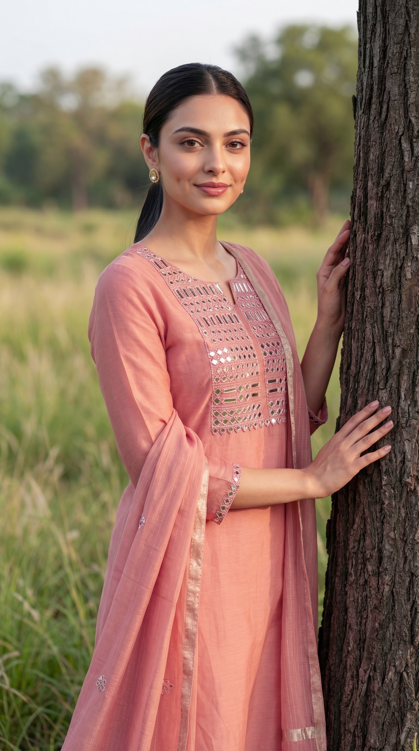 Peach Pink Mirror Work Embroidery Mul Mul Suit Set