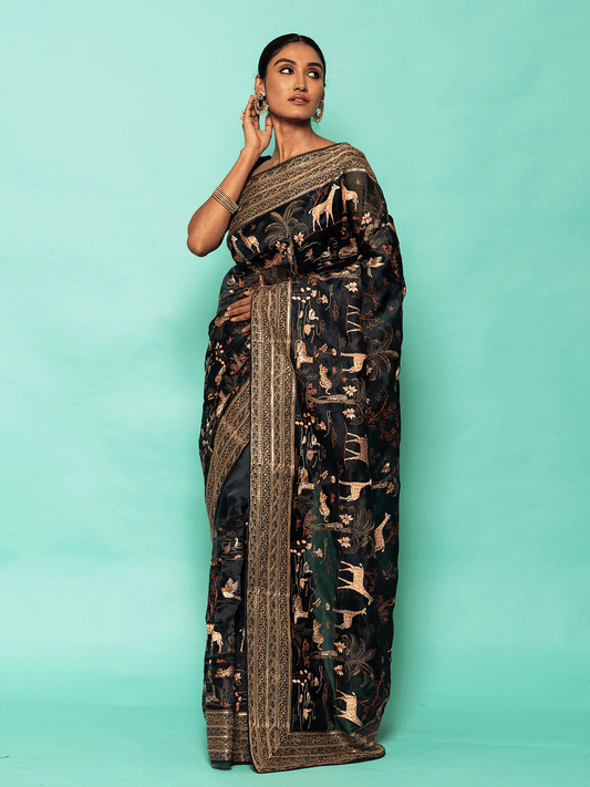 Black Organza Printed Saree with Resham Border