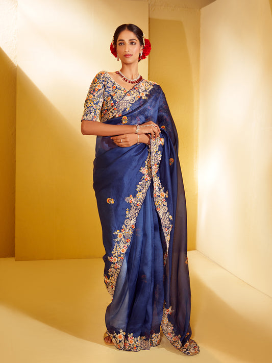 Sapphire Blue Resham Embroidered Organza Saree with Cutwork Border