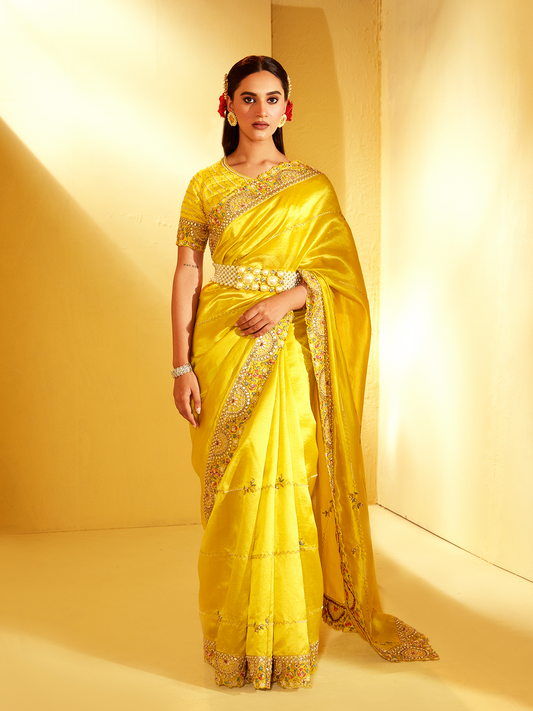 Haldi Yellow Silk Thread Embroidered Saree with Gota Patti Border