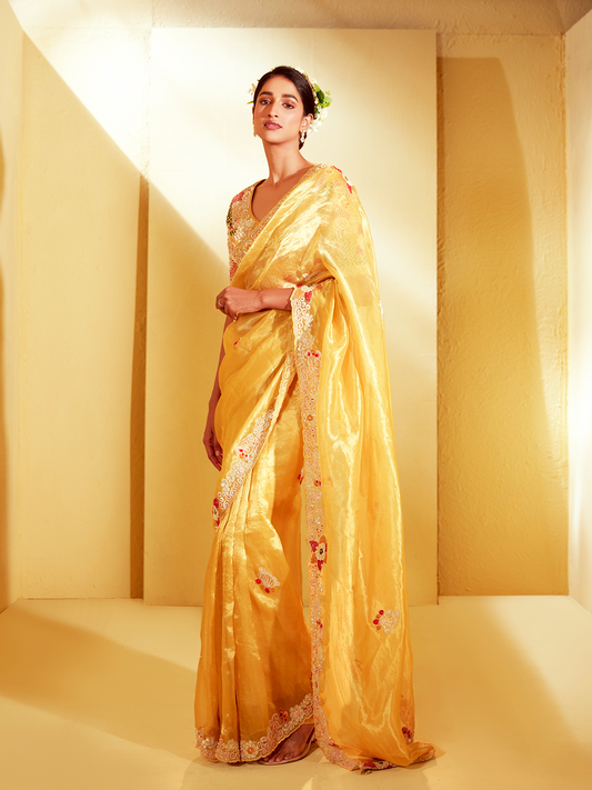 Graceful Glam Mustard Yellow Tissue Saree
