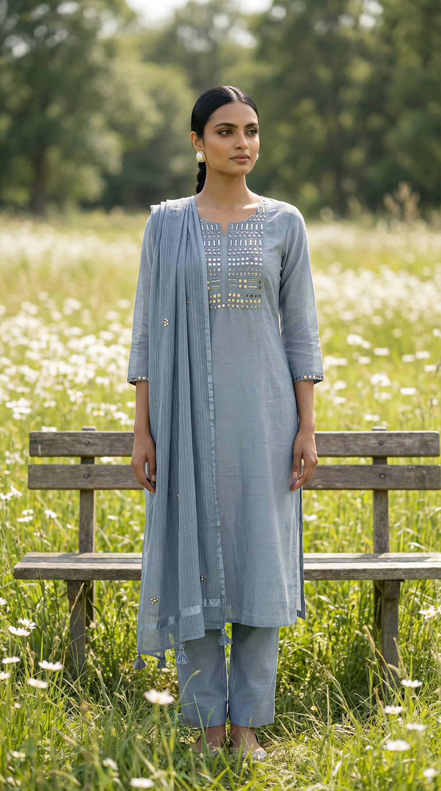 Powder Blue Mirror Embroidery Mul Mul Suit Set