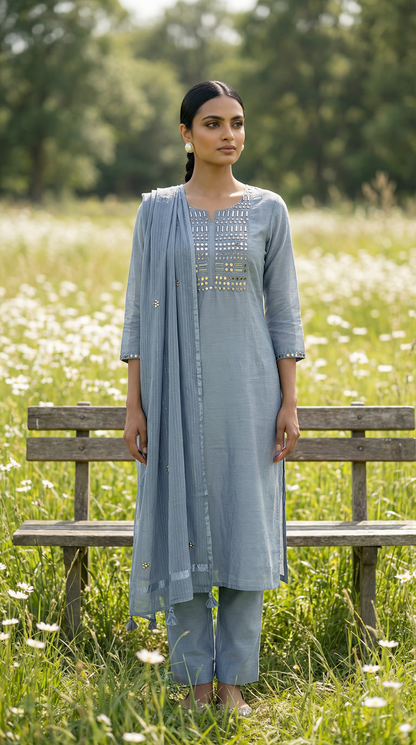 Powder Blue Mirror Embroidery Mul Mul Suit Set