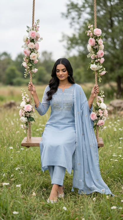 Powder Blue Mirror Embroidery Mul Mul Suit Set