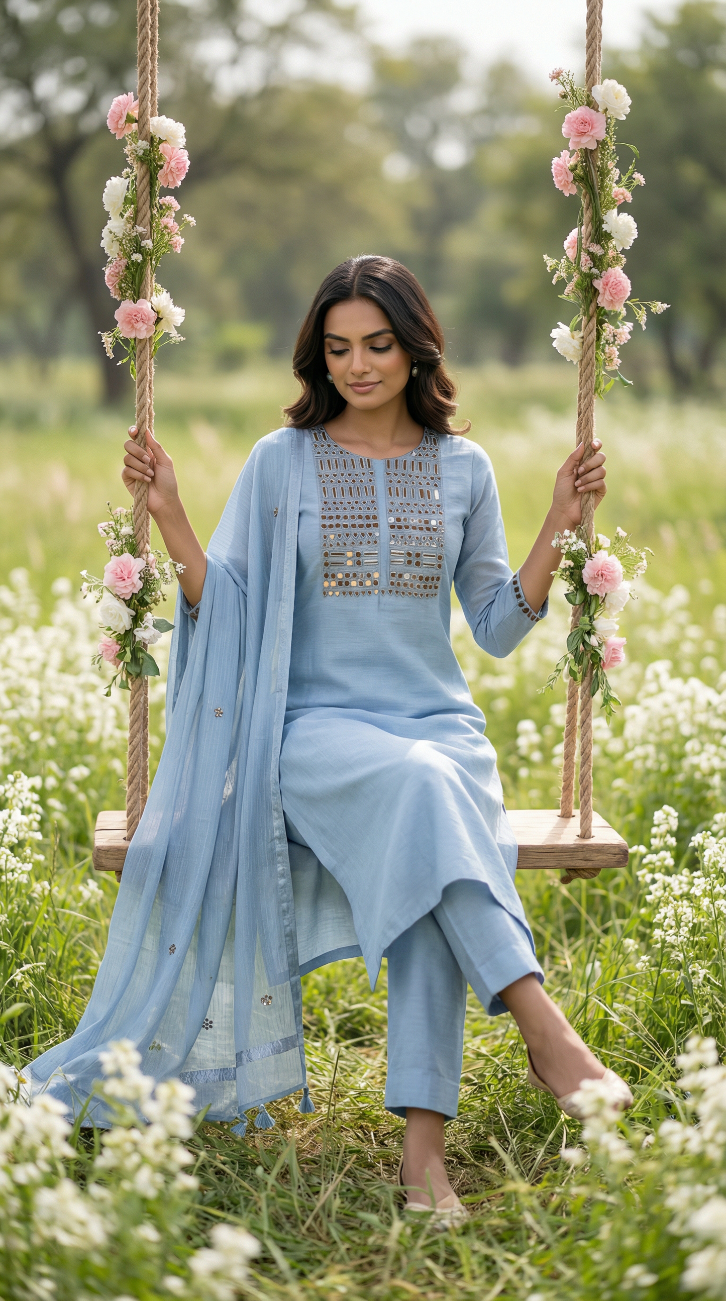 Powder Blue Mirror Embroidery Mul Mul Suit Set