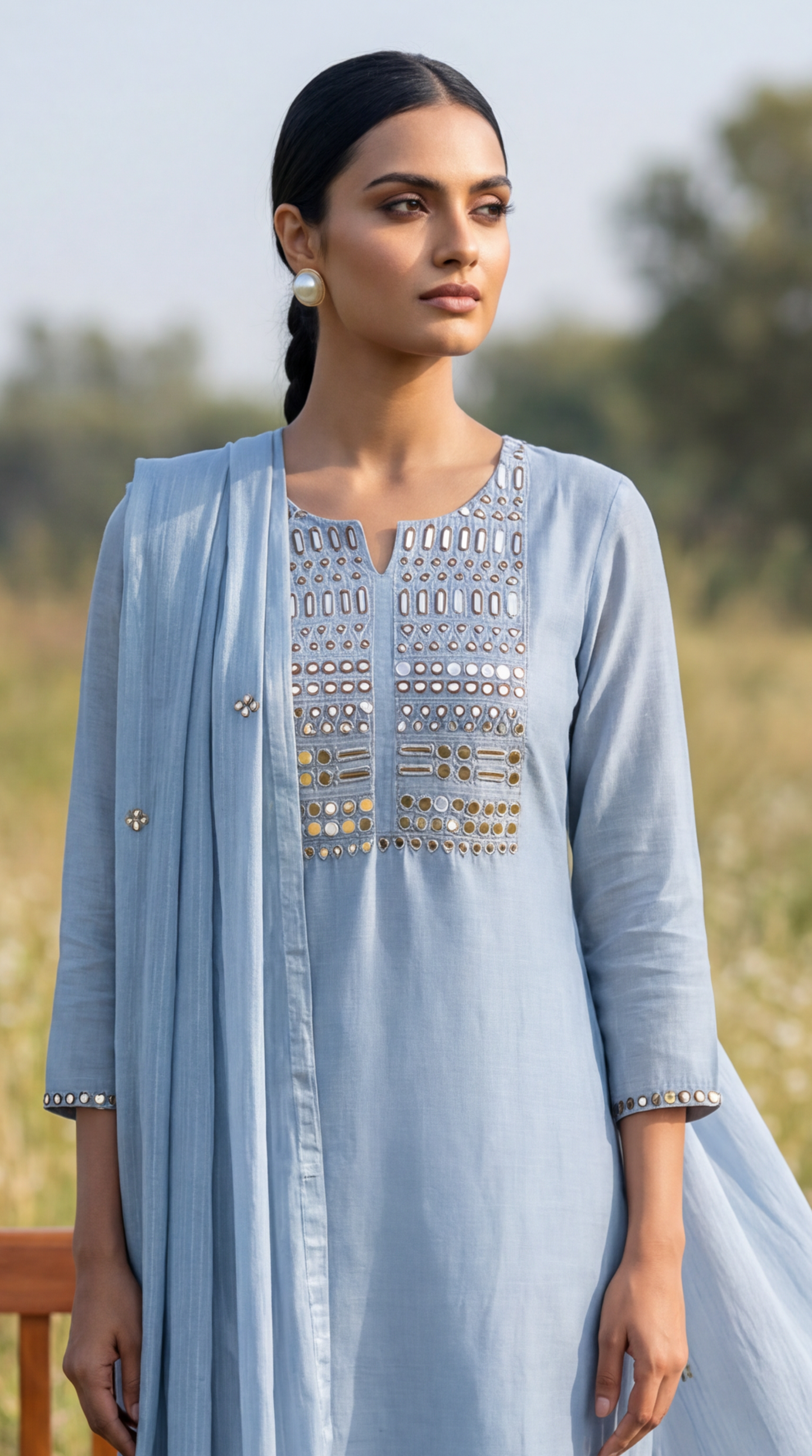 Powder Blue Mirror Embroidery Mul Mul Suit Set