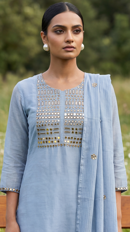 Powder Blue Mirror Embroidery Mul Mul Suit Set
