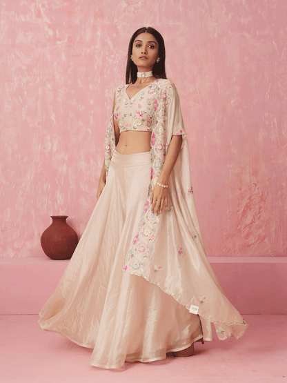 Cream White Resham Embroidered Cape Set with Sequins Details