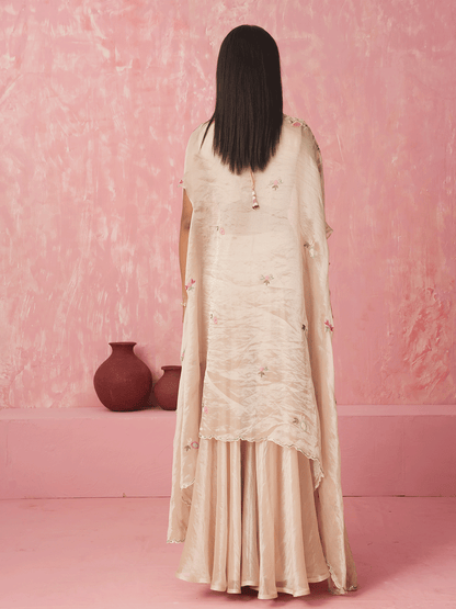 Cream White Resham Embroidered Cape Set with Sequins Details