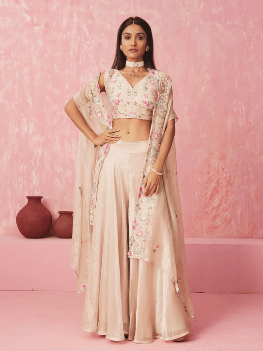 Cream White Resham Embroidered Cape Set with Sequins Details
