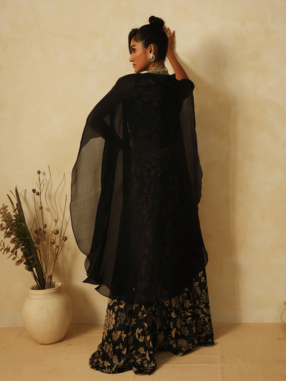 Satin Black Organza Embroidered Cape Set with Dabka & Cutdana