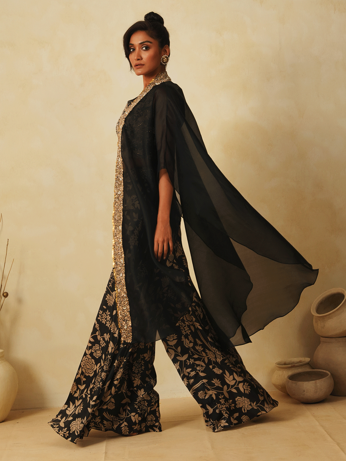 Satin Black Organza Embroidered Cape Set with Dabka & Cutdana