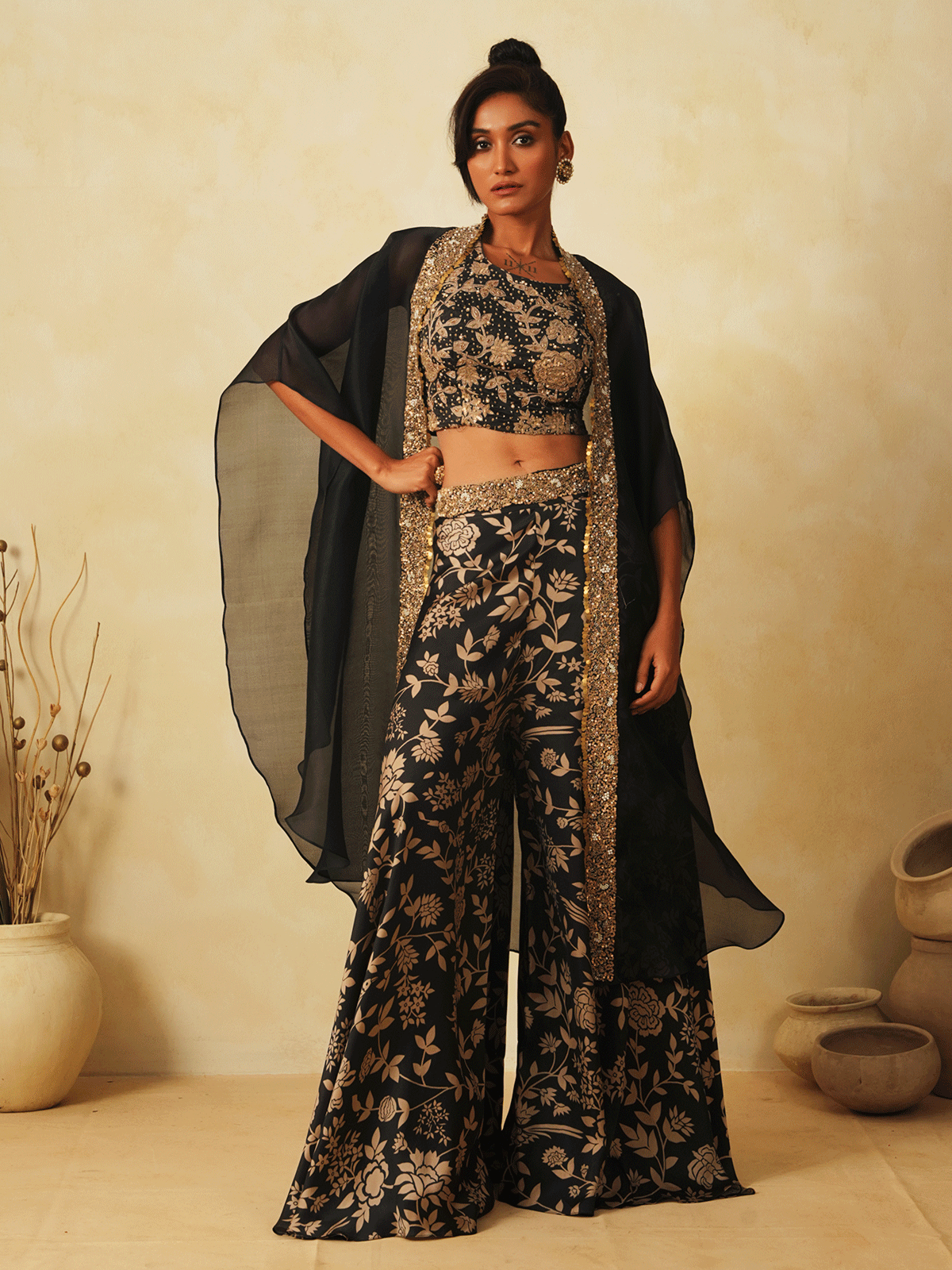 Satin Black Organza Embroidered Cape Set with Dabka & Cutdana