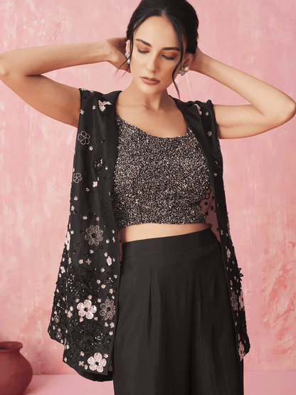 Black Silk Cutdana Appliqued Jacket Set with Sequins Details