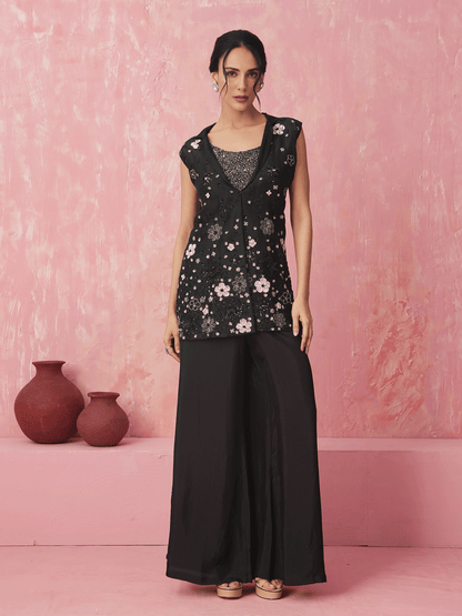 Black Silk Cutdana Appliqued Jacket Set with Sequins Details