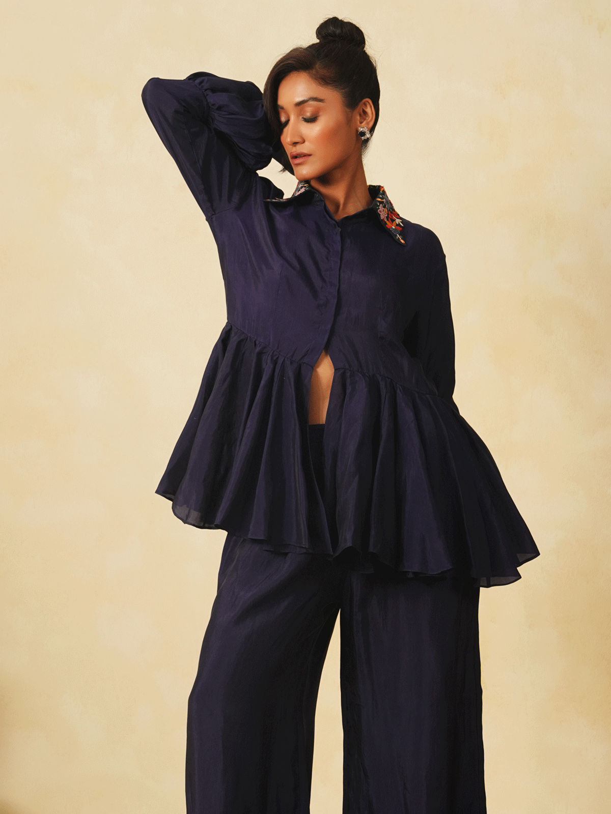 Blue silk peplum co-ord set