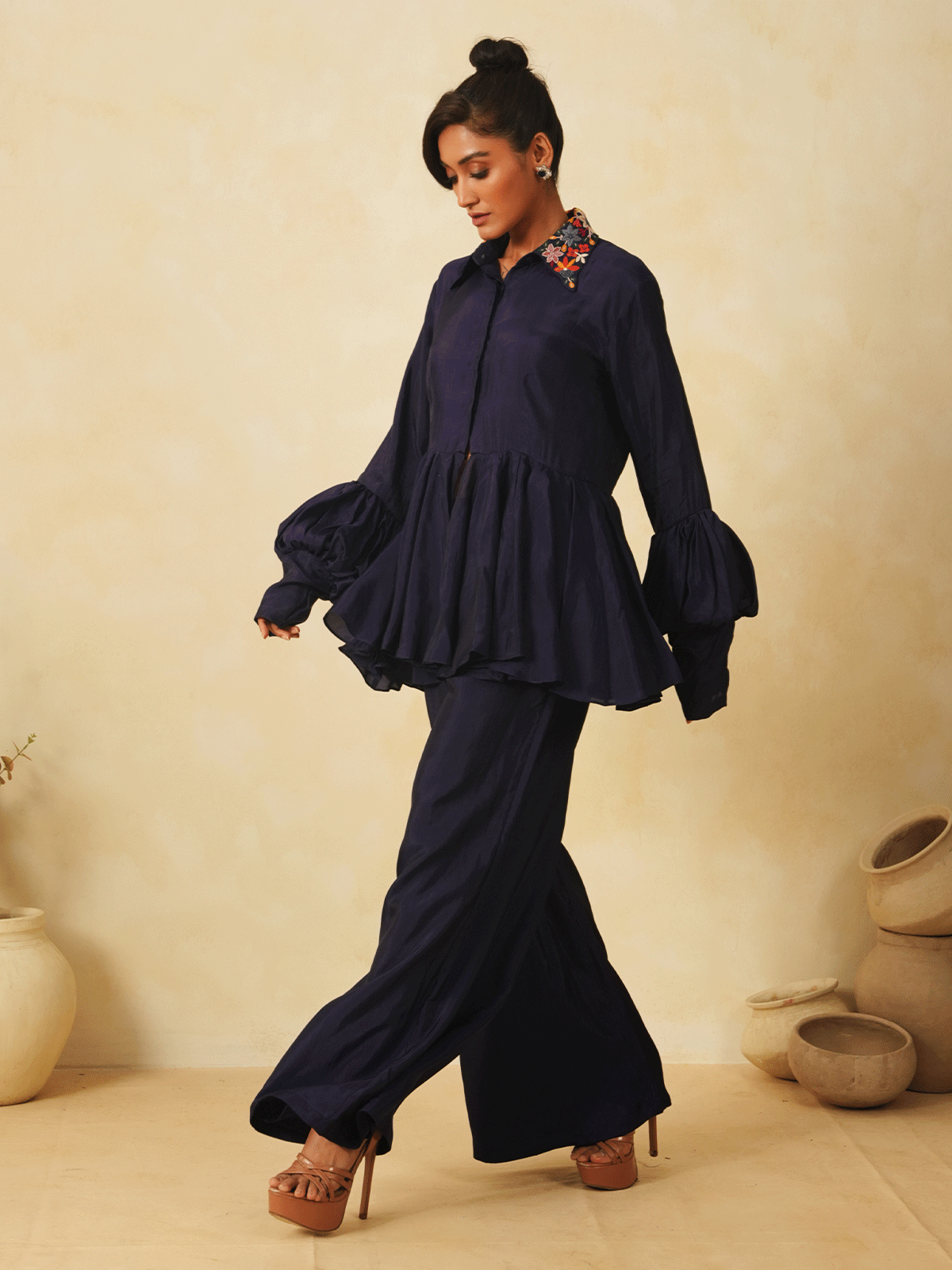 Blue silk peplum co-ord set